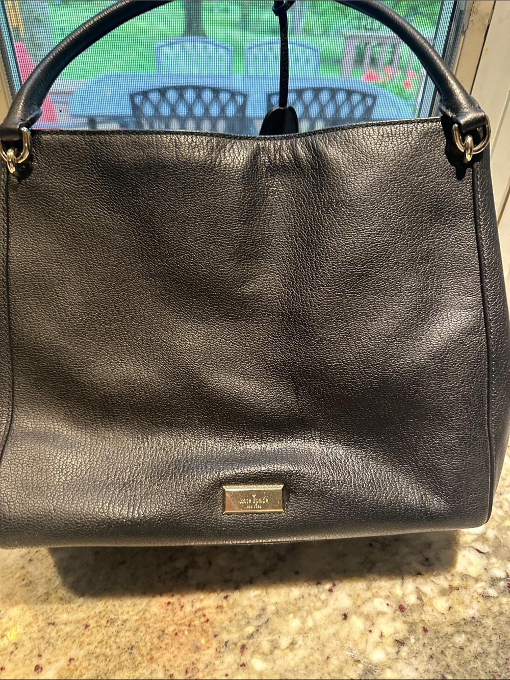 kate spade Black Leather Shoulder Bag with Gold-Tone Plaque